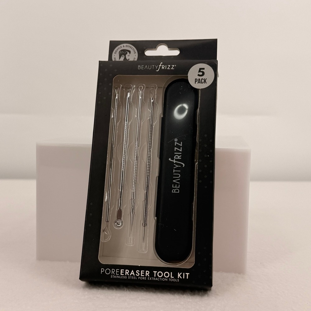 BeautyFrizz Pore Eraser Tool Kit 5 Piece Stainless Steel Extraction Set Case